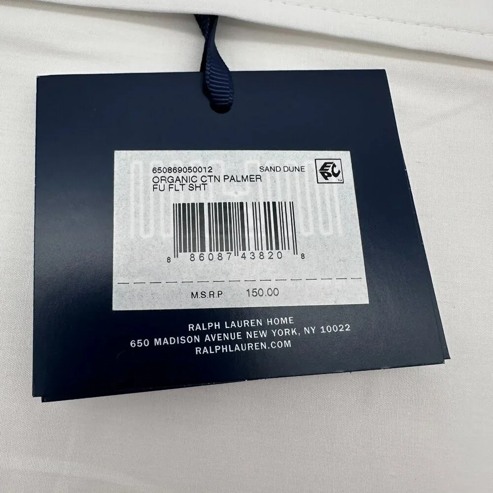 Ralph Lauren Organic Cotton Palmer Percale Full Size Flat Sheet, White/Sand Dune